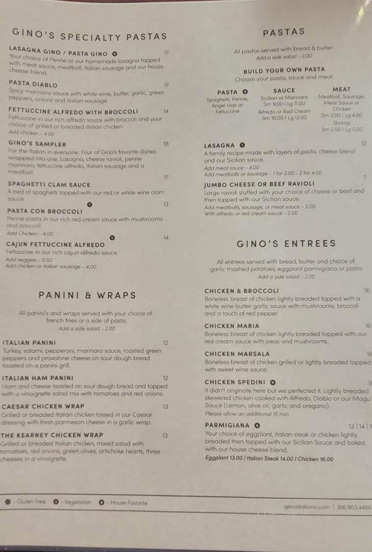 Gino's Italian Cuisine - Kearney, MO menu_pic