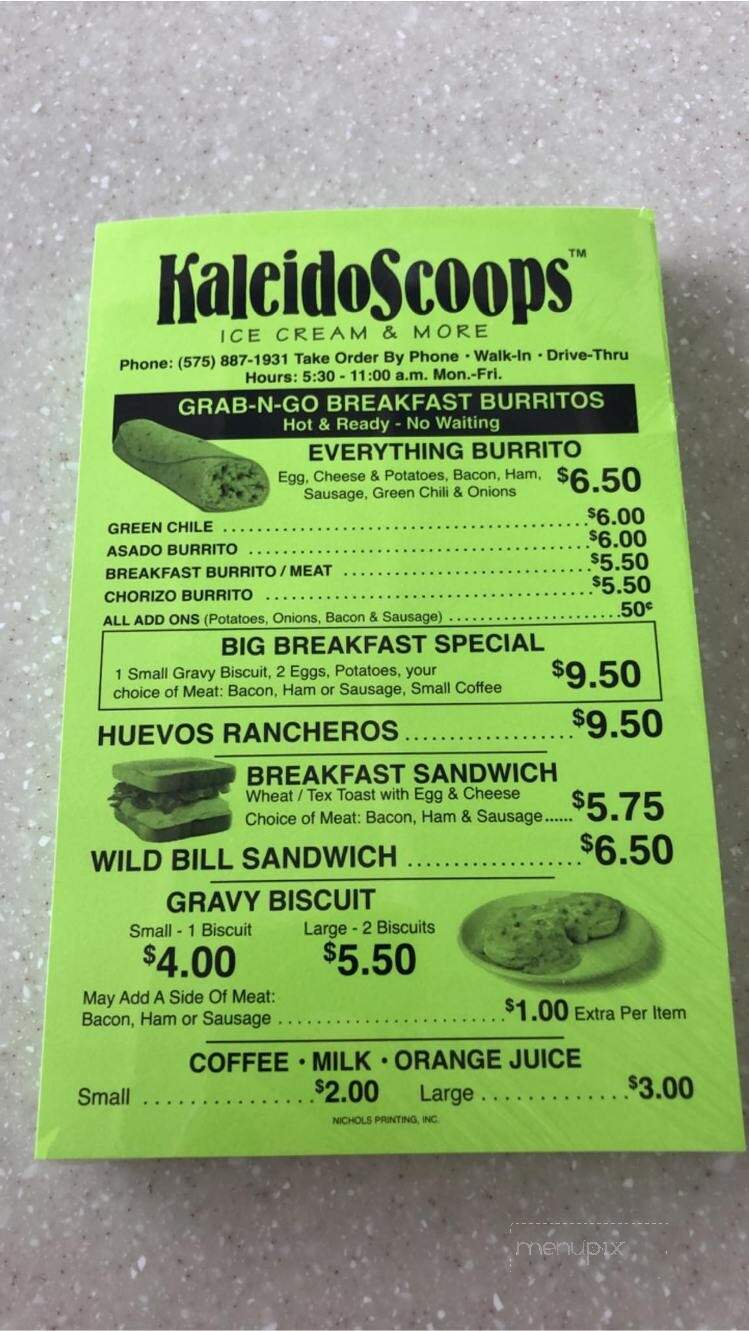 Kaleidoscoops Ice Cream & More - Carlsbad, NM menu_pic