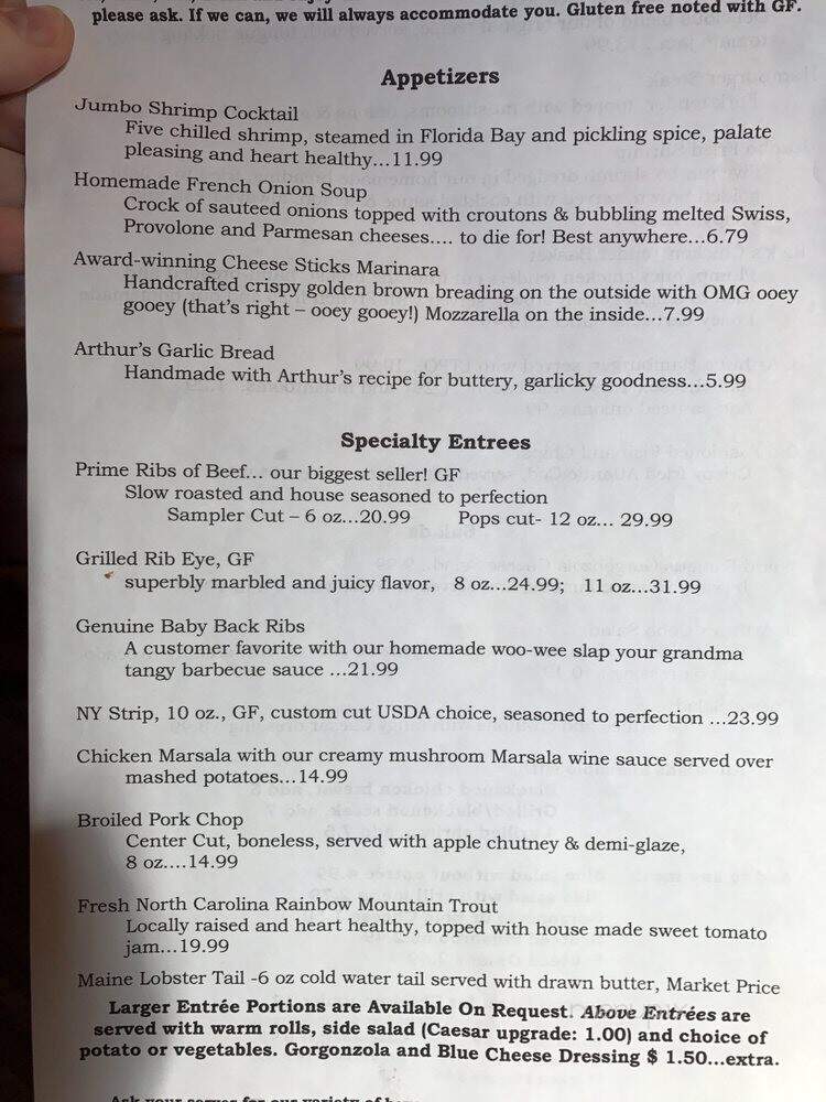 J Arthur's Restaurant - Maggie Valley, NC menu_pic
