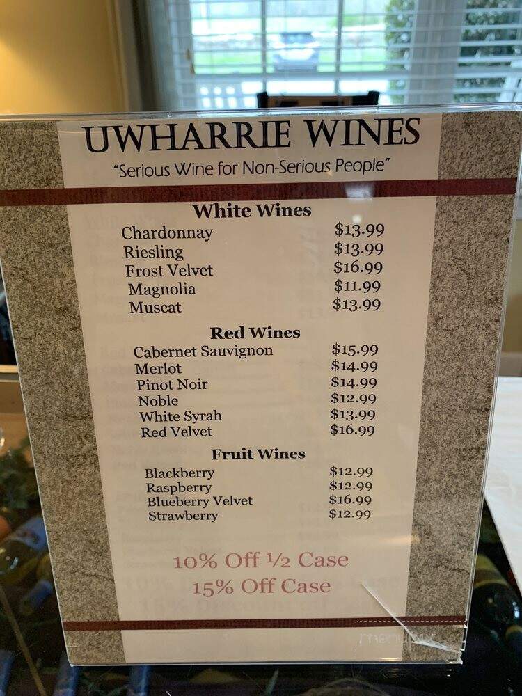 Uwharrie Vineyards & Winery - Albemarle, NC menu_pic