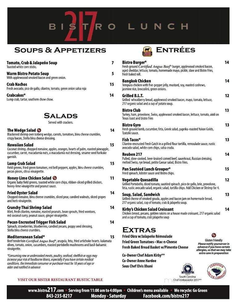 Bistro 217 - Pawleys Island, SC menu_pic