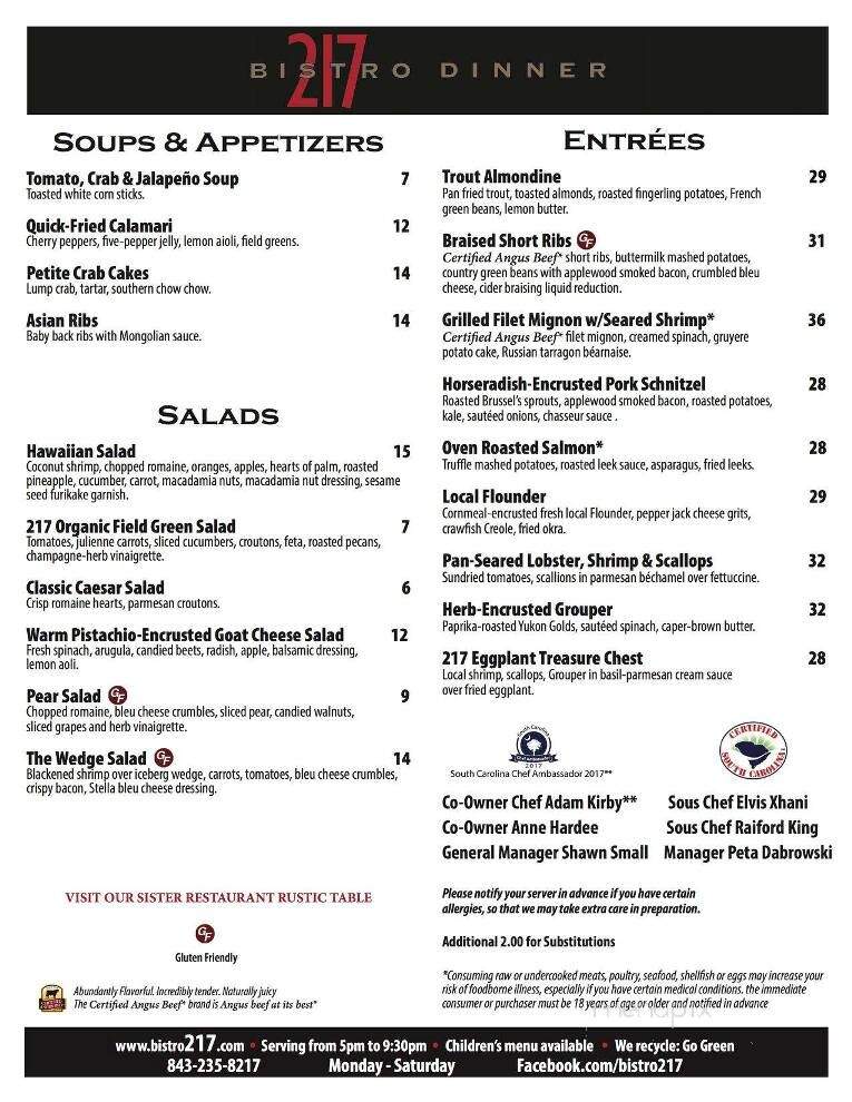 Bistro 217 - Pawleys Island, SC menu_pic