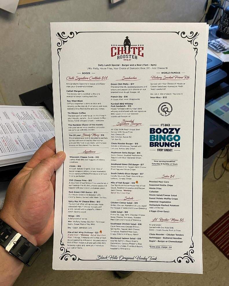 Chute Roosters Museum-Restaurant - Hill City, SD menu_pic