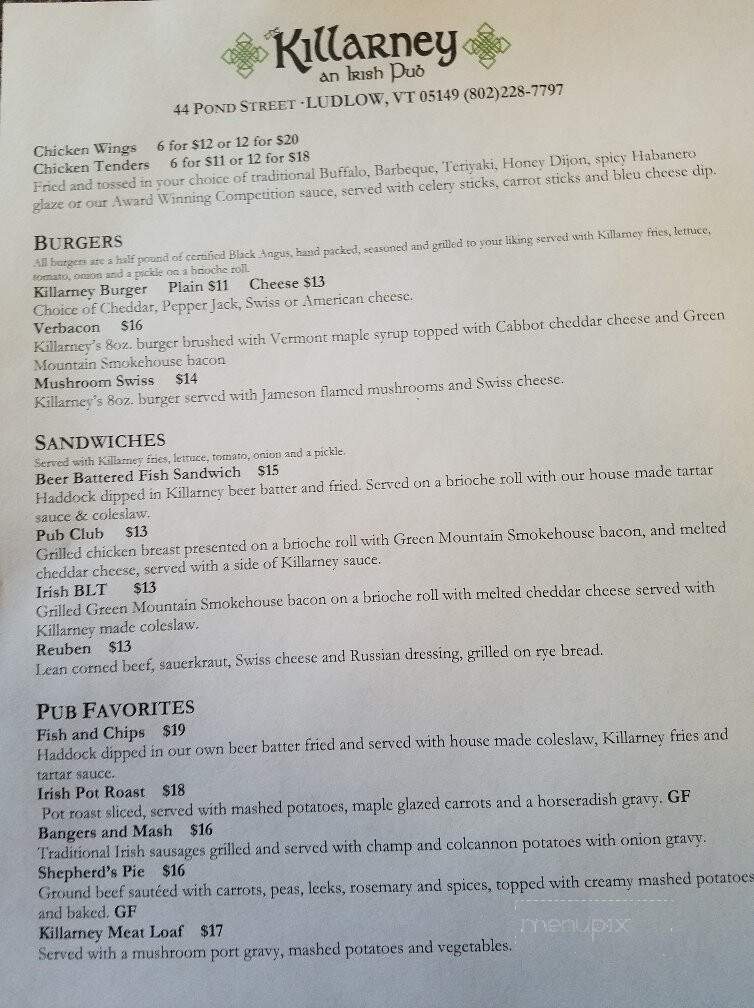 Killarney - Ludlow, VT menu_pic