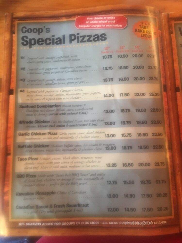 Coop's Pizza Parloure - Hayward, WI menu_pic