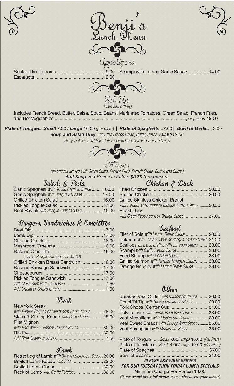 Benji's French Basque Restaurant - Bakersfield, CA menu_pic