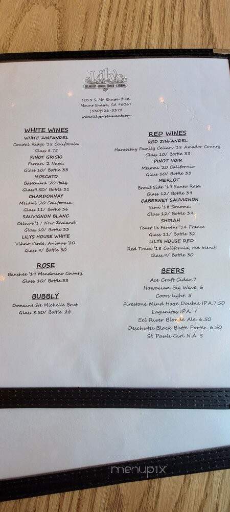 Lilys - Mount Shasta, CA menu_pic