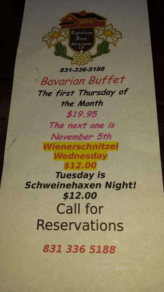 Tyrolean Inn Restaurant - Ben Lomond, CA menu_pic