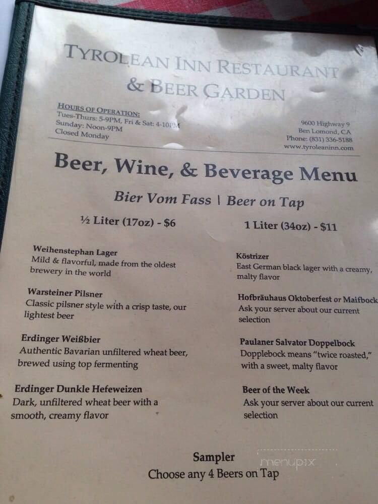 Tyrolean Inn Restaurant - Ben Lomond, CA menu_pic
