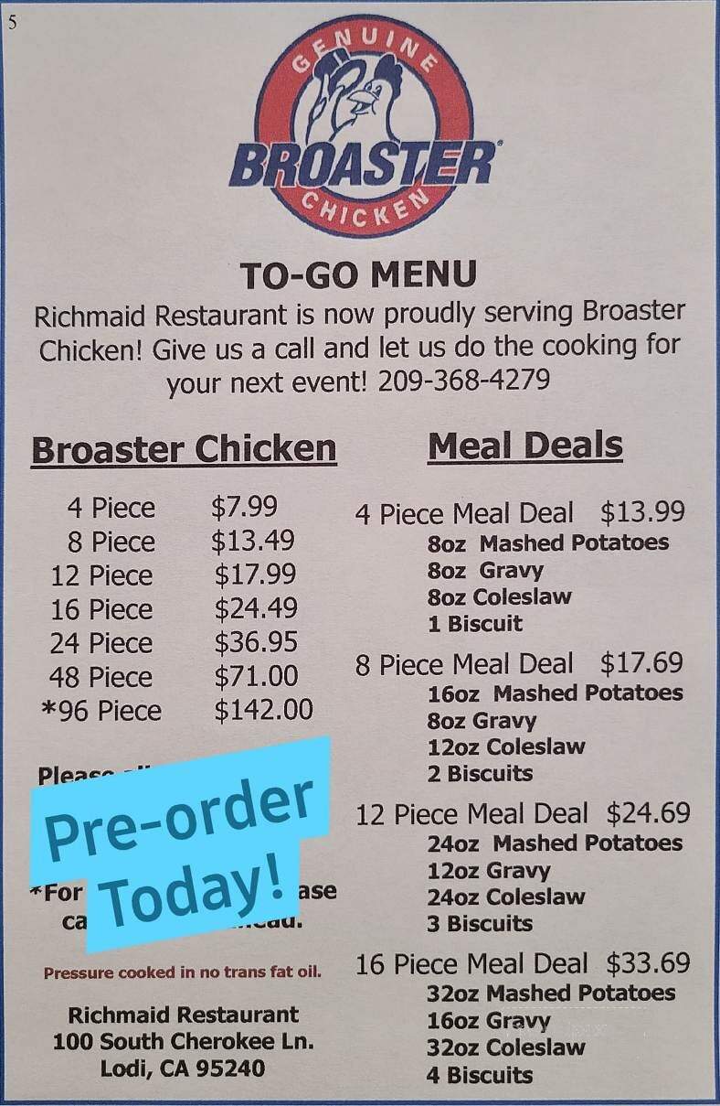 Richmaid Restaurant - Lodi, CA menu_pic