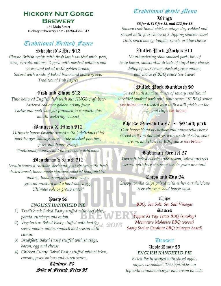 Hickory Nut Gorge Brewery - Chimney Rock, NC menu_pic