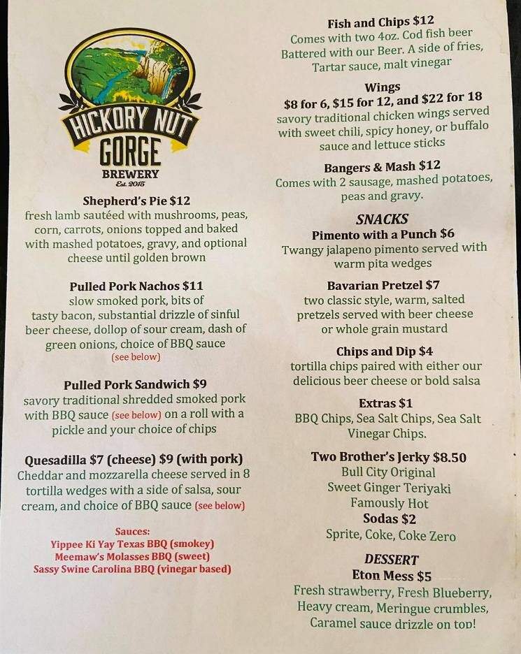 Hickory Nut Gorge Brewery - Chimney Rock, NC menu_pic