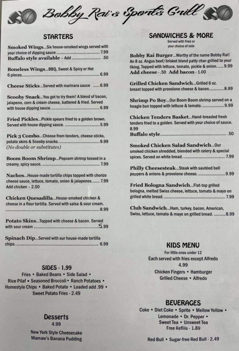 Bobby Rai's Sports Grill - Moulton, AL menu_pic