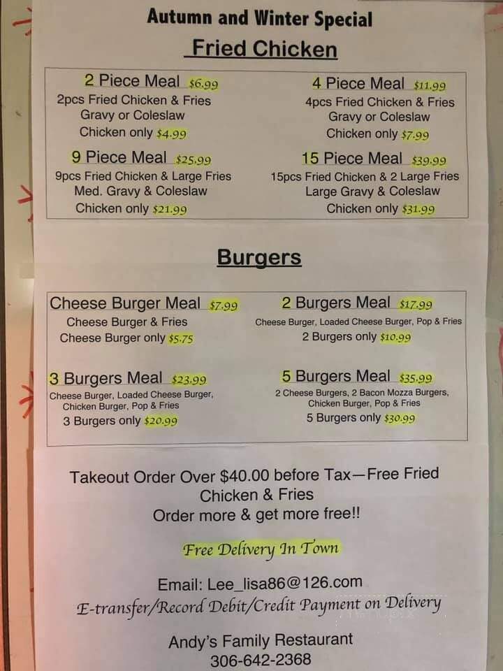 Andy's Family Restaurant - Assiniboia, SK menu_pic