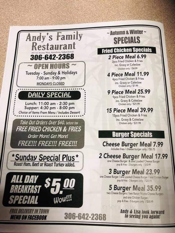 Andy's Family Restaurant - Assiniboia, SK menu_pic