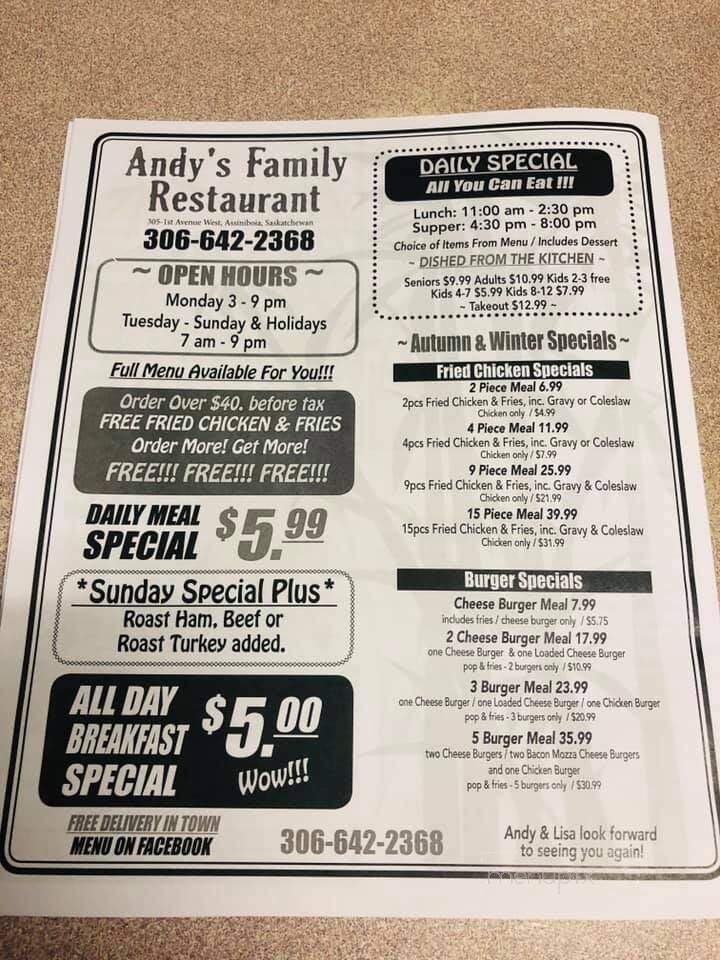 Andy's Family Restaurant - Assiniboia, SK menu_pic