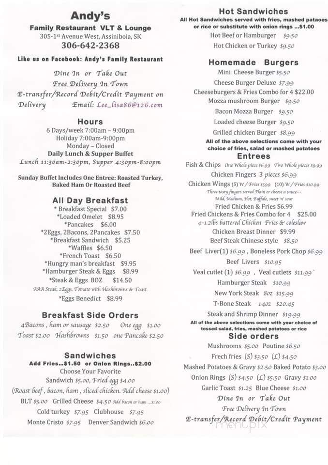 Andy's Family Restaurant - Assiniboia, SK menu_pic