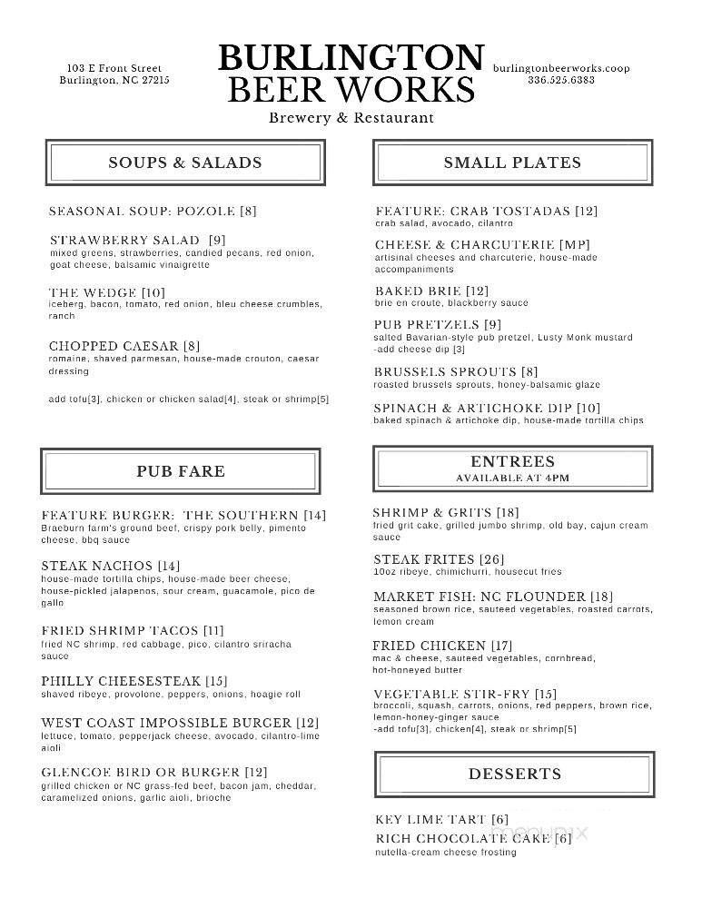 Burlington Beer Works - Burlington, NC menu_pic