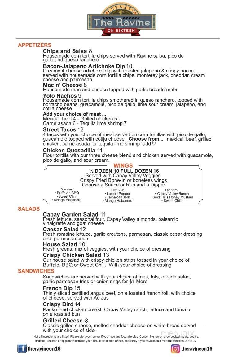 The Ravine on Sixteen - Esparto, CA menu_pic
