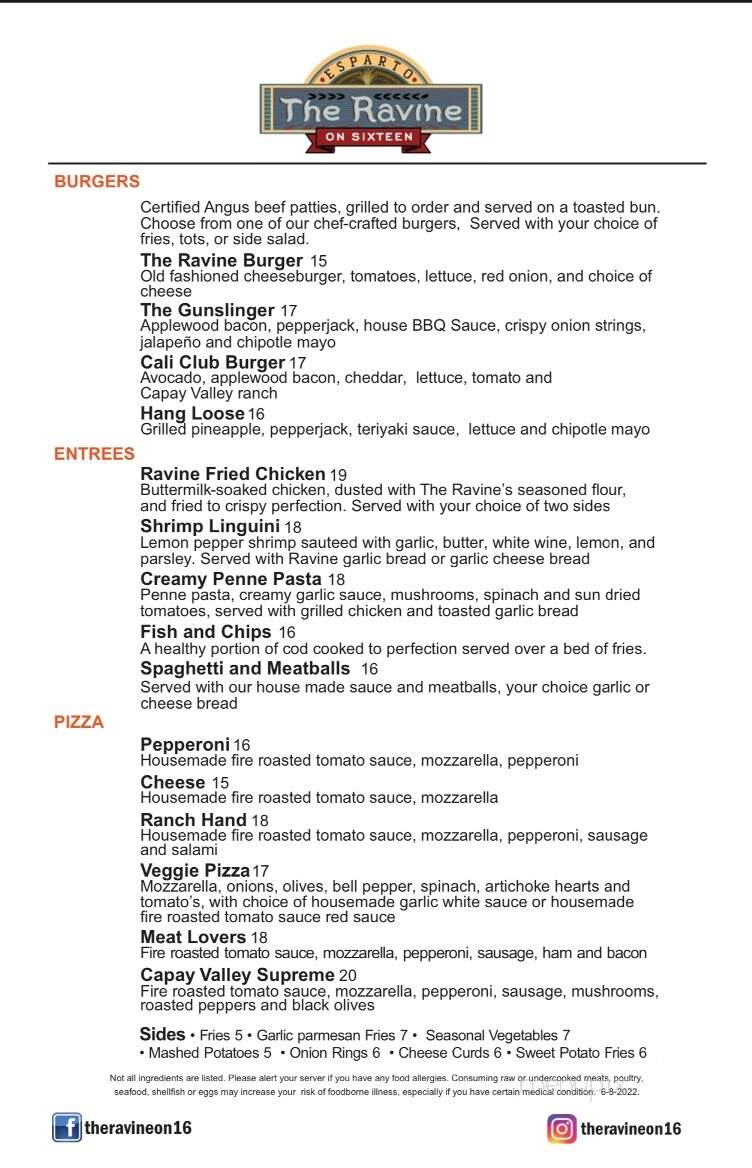 The Ravine on Sixteen - Esparto, CA menu_pic