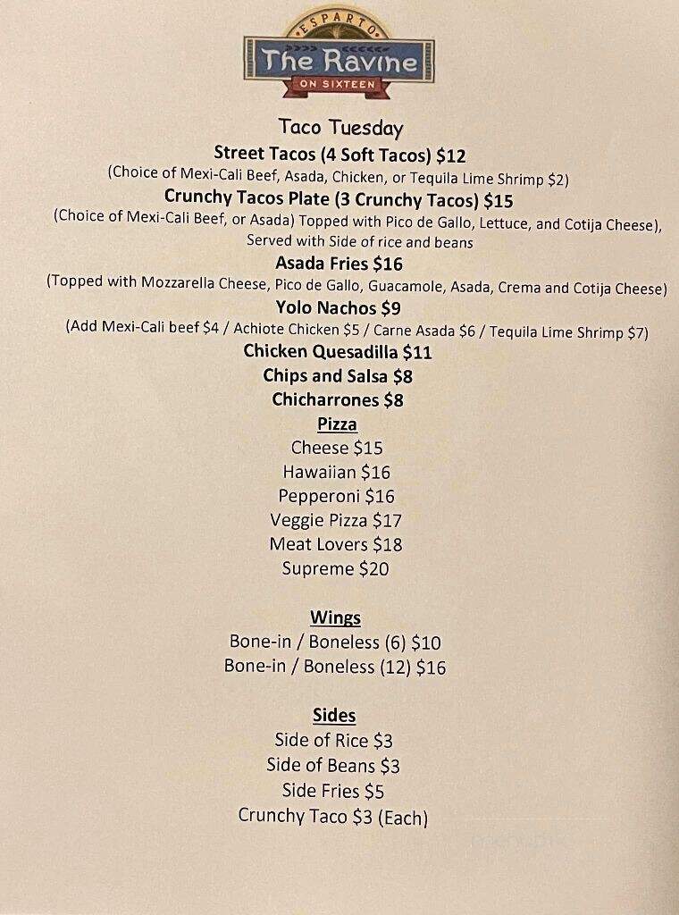 The Ravine on Sixteen - Esparto, CA menu_pic
