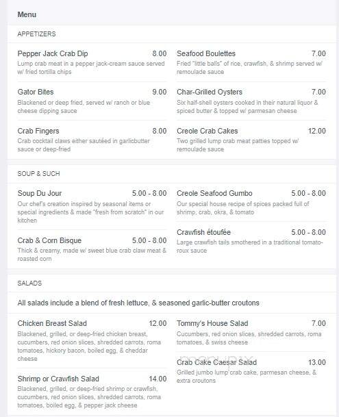 Tommy's Fish House - Prairieville, LA menu_pic