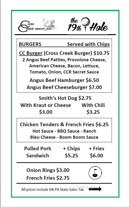 Cross Creek Resort - Titusville, PA menu_pic