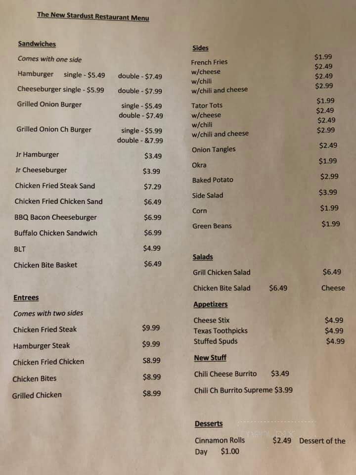 Stardust Restaurant - Sayre, OK menu_pic