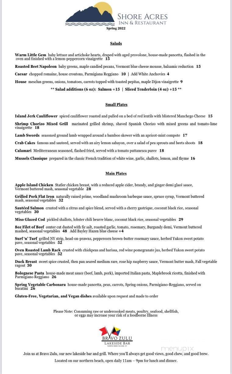 Shore Acres Inn & Restaurant - North Hero, VT menu_pic
