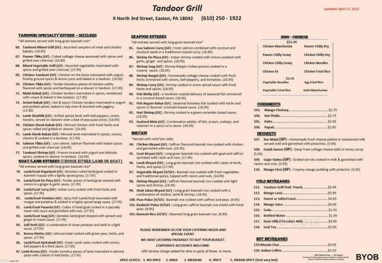 Tandoor Grill - Easton, PA menu_pic