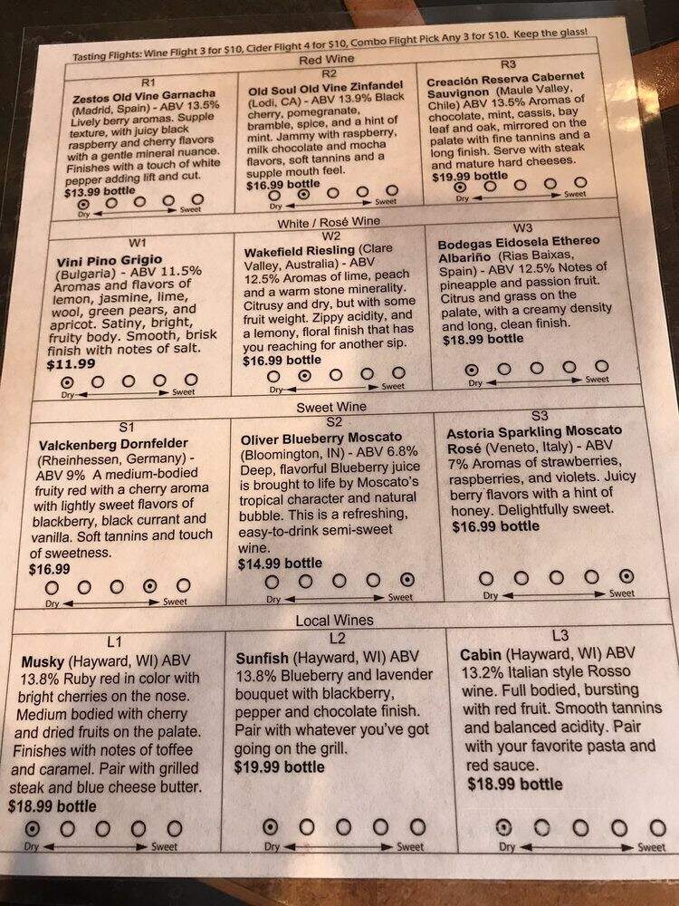 Out of the Woods Winery - Hayward, WI menu_pic