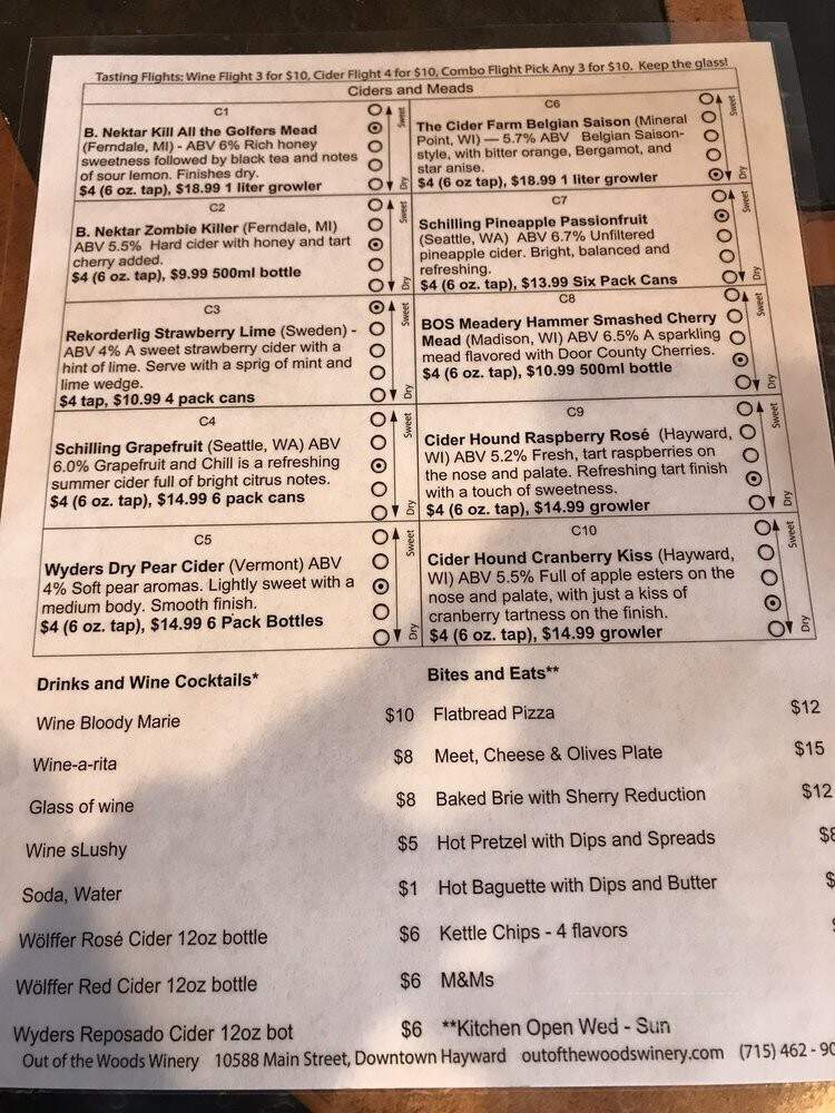 Out of the Woods Winery - Hayward, WI menu_pic