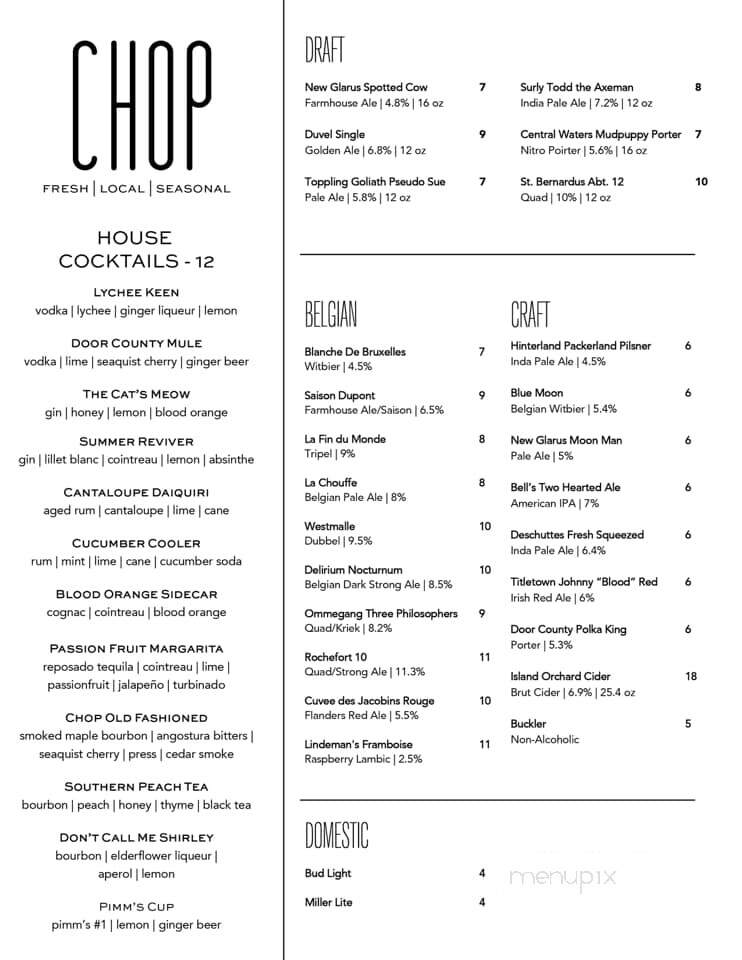 Chop - Sister Bay, WI menu_pic