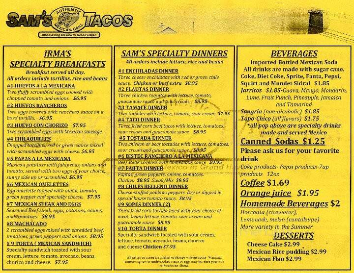 Sam's Tacos - Grand Haven, MI menu_pic