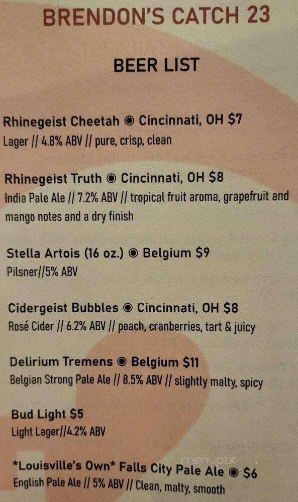 Brendon's Catch 23 - Louisville, KY menu_pic
