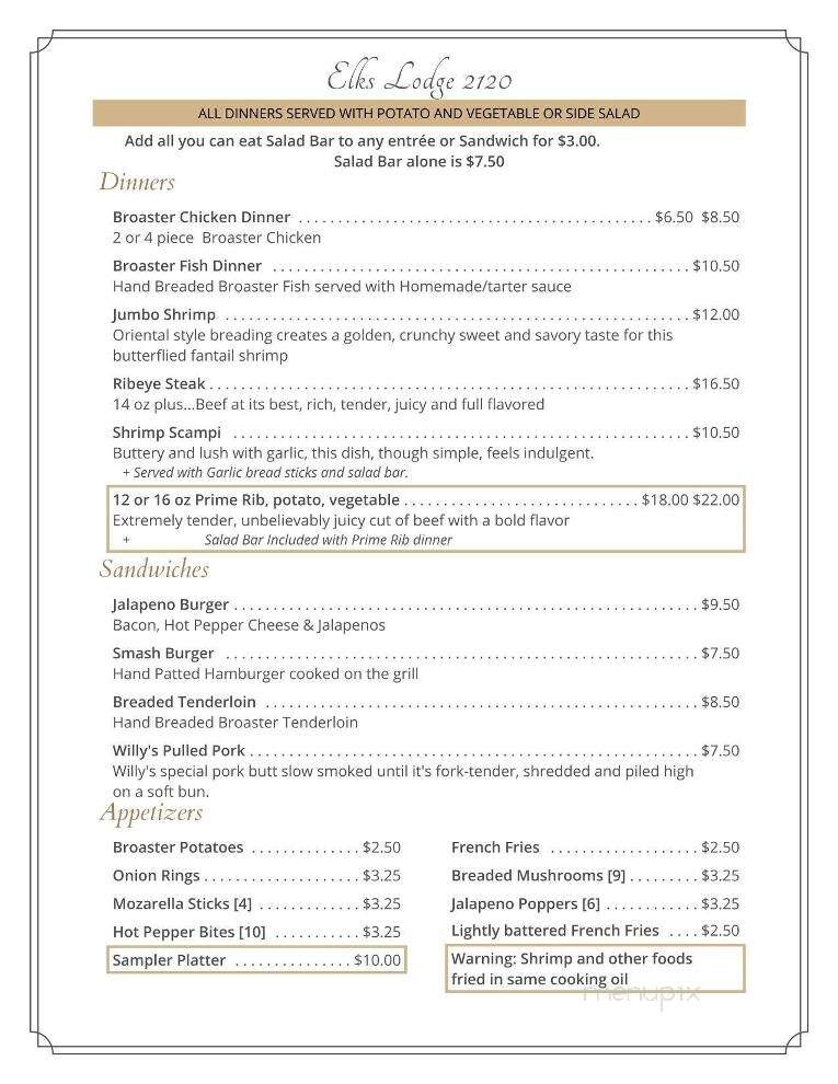 The Elk's Restaurant - Rochester, IN menu_pic