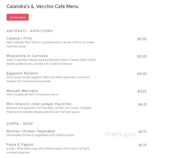 Calandra's IL Vecchio Cafe - Caldwell, NJ menu_pic