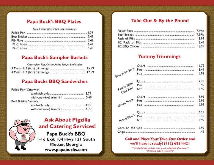 Papa Buck's BBQ - Metter, GA menu_pic