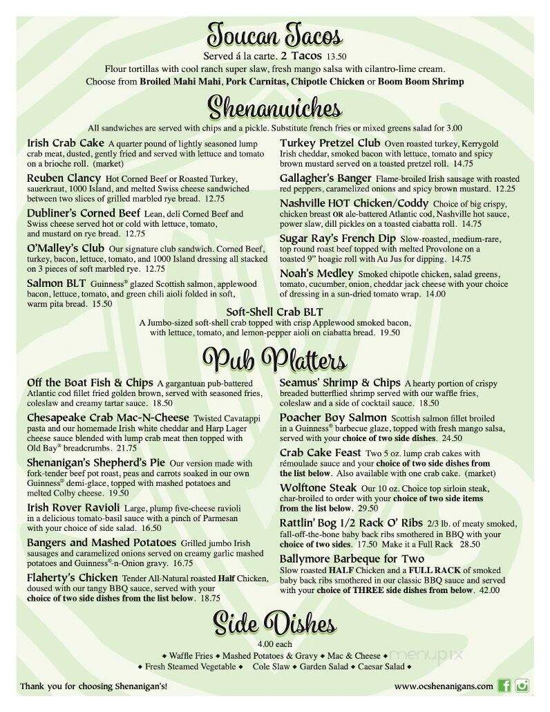Shenanigan's Irish Pub - Ocean City, MD menu_pic