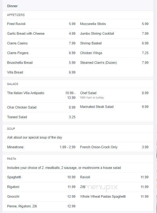 Italian Villa Restaurant - Hornell, NY menu_pic