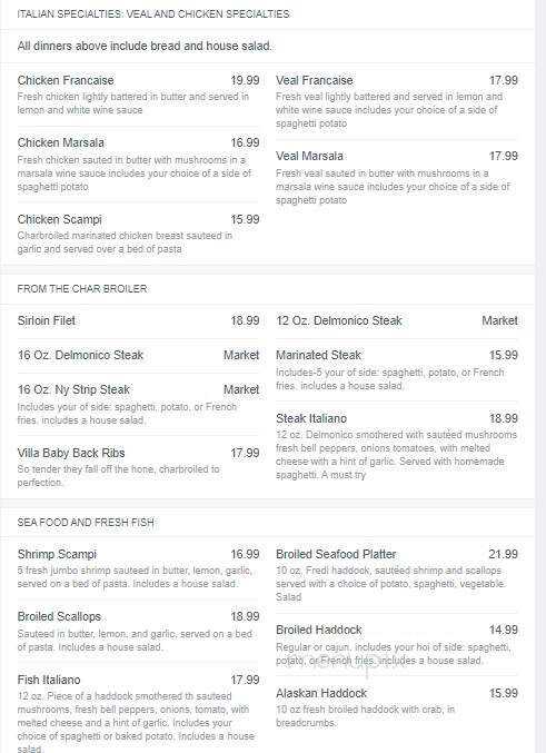 Italian Villa Restaurant - Hornell, NY menu_pic
