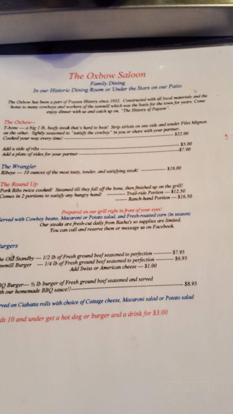 The Oxbow Saloon - Payson, AZ menu_pic