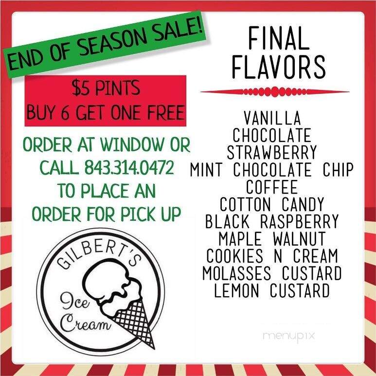 Gilbert's Ice Cream - Pawleys Island, SC menu_pic