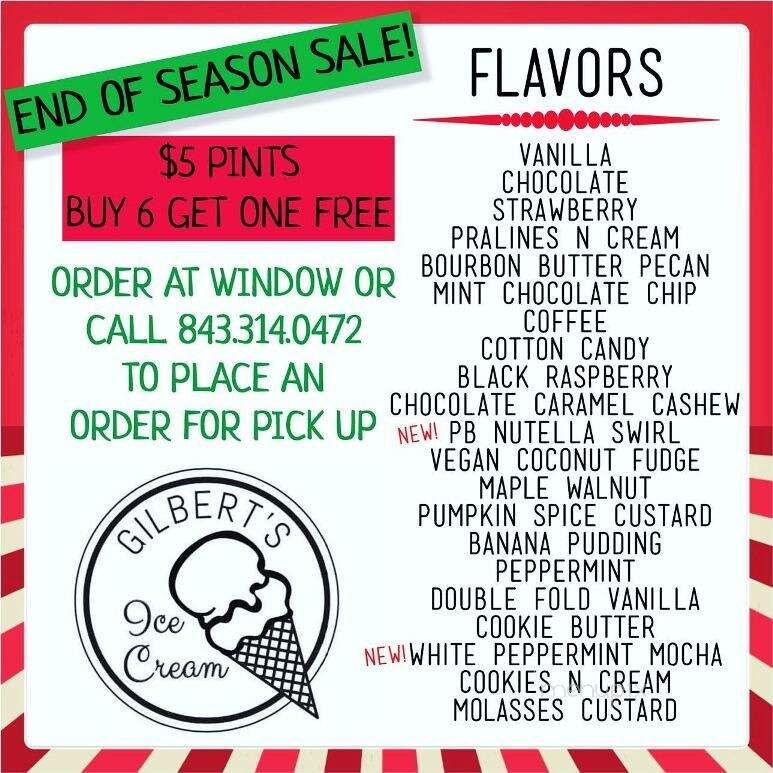 Gilbert's Ice Cream - Pawleys Island, SC menu_pic