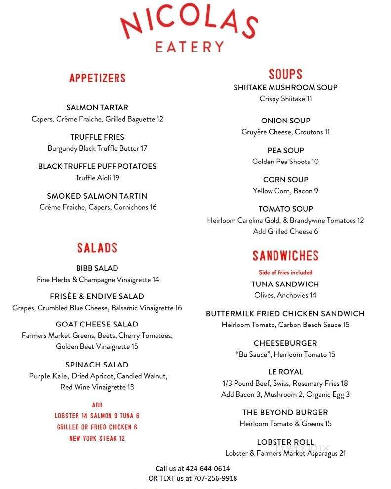 Nicolas Eatery - Malibu, CA menu_pic
