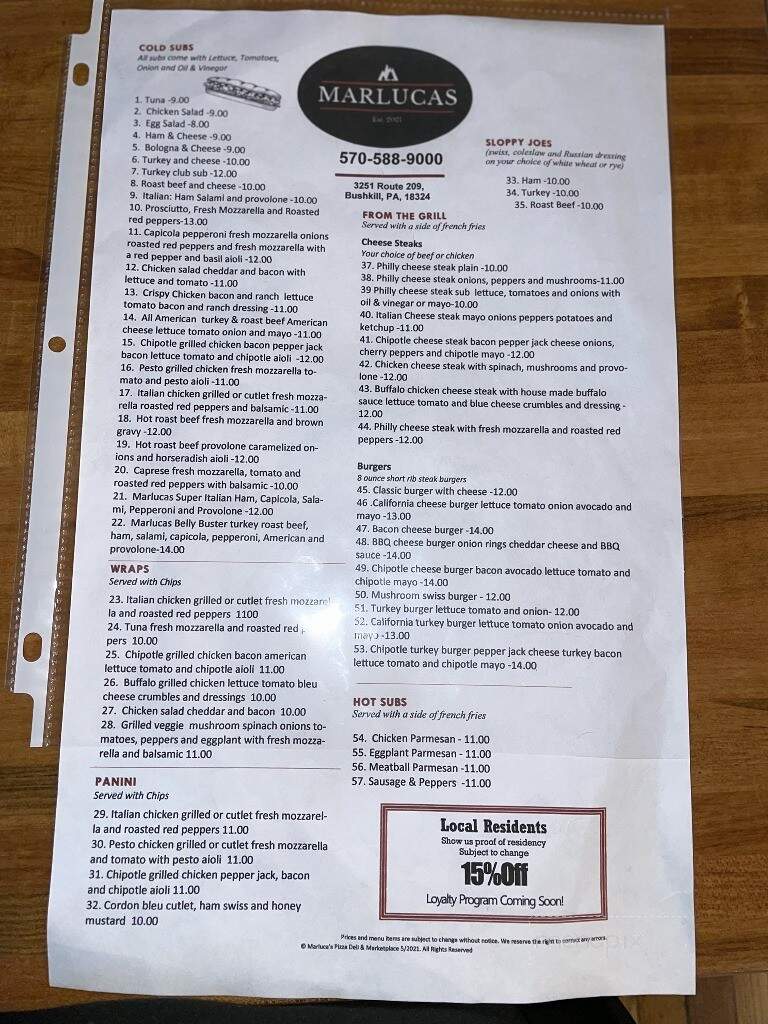 Marlucas - Bushkill, PA menu_pic