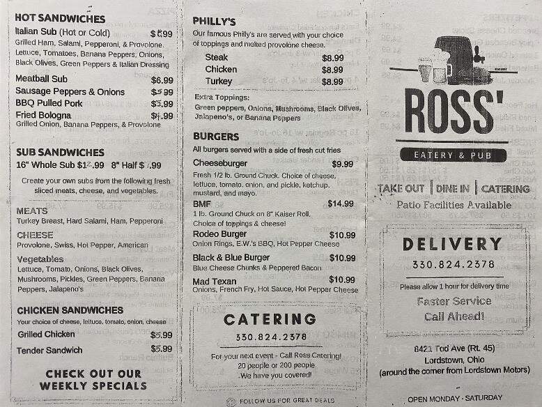Ross' Eatery & Pub - Lordstown, OH menu_pic