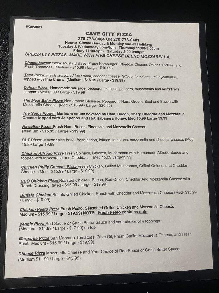 Cave City Pizza - Cave City, KY menu_pic