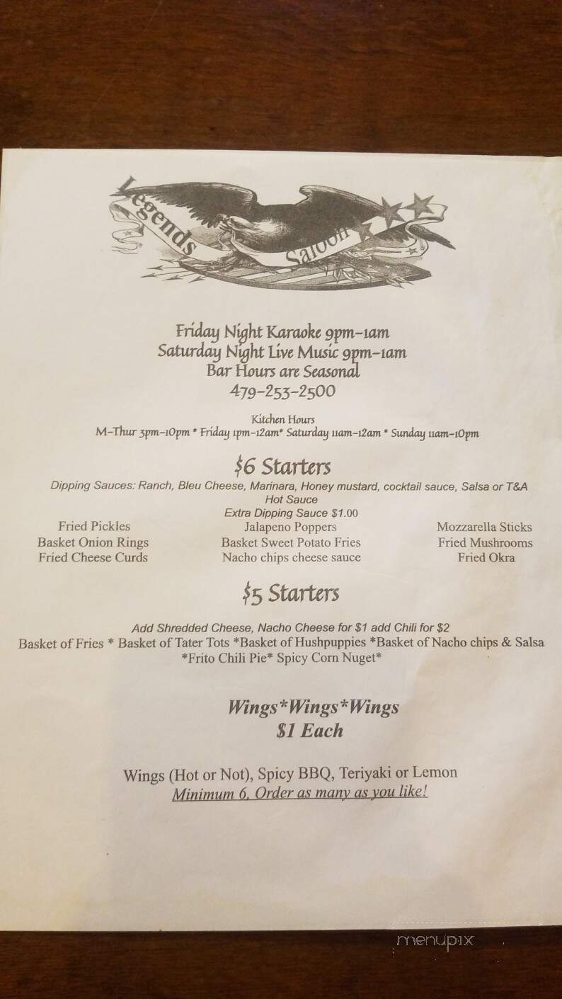 Legends Saloon - Eureka Springs, AR menu_pic