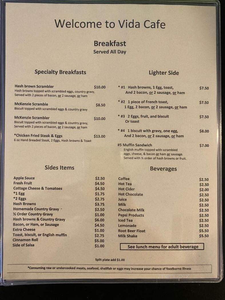 Vida Cafe - Vida, OR menu_pic